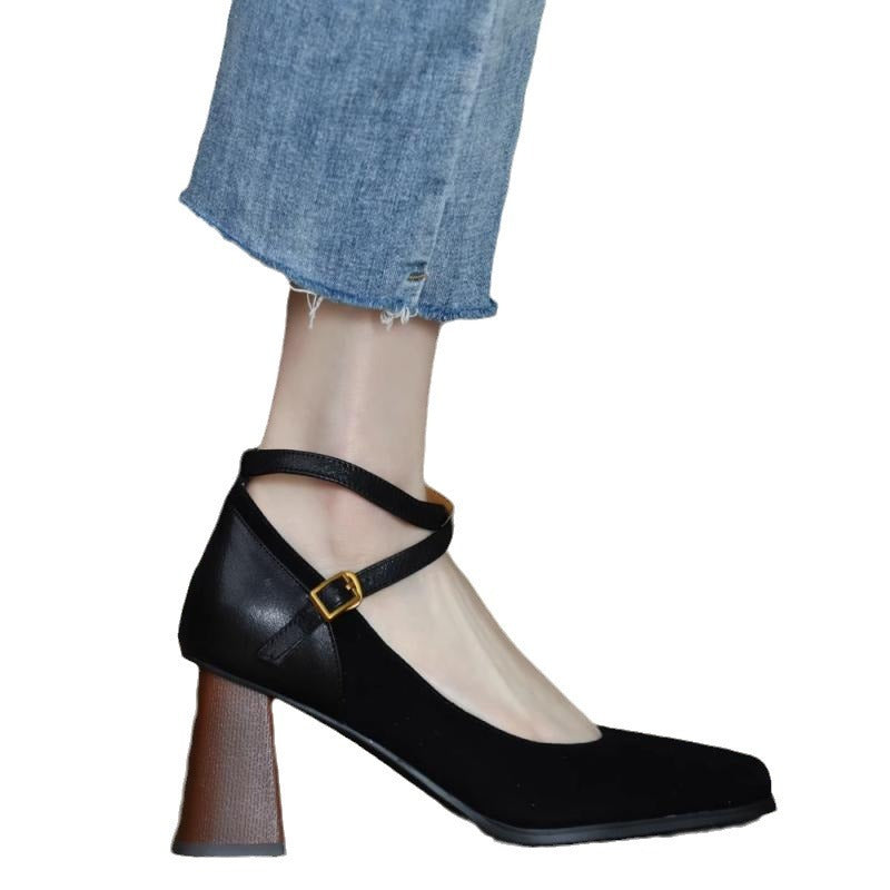 Women's Retro Chunky Heel Suede Pumps | Square Toe High Heels | Brown & Black