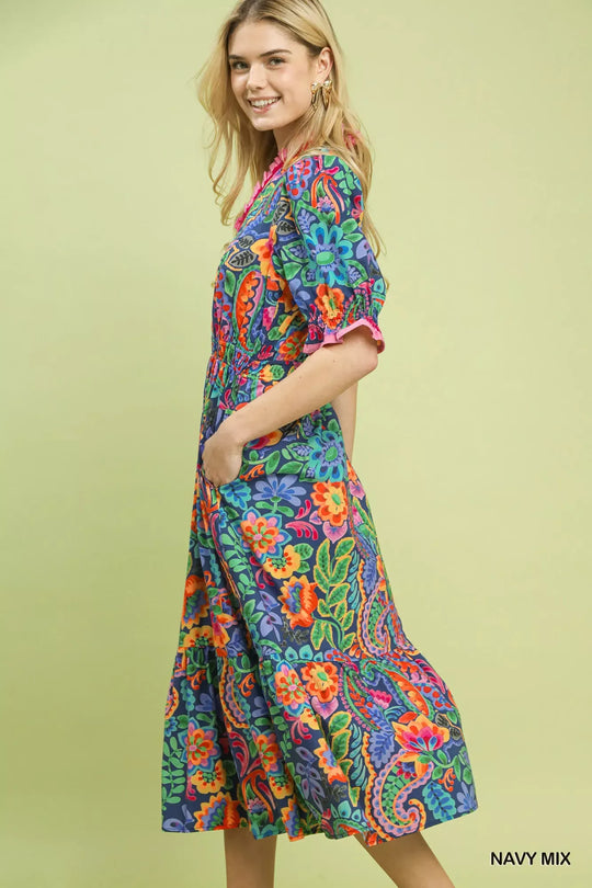 Another view: Umgee Mix Floral Midi Dress with Ruffle Trim