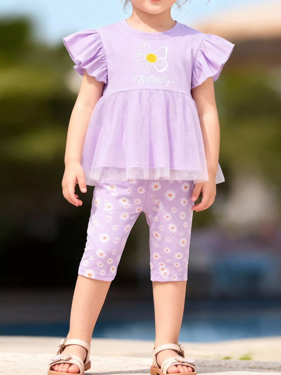 Girls' Butterfly Top & Daisy Leggings Set – Pink Purple