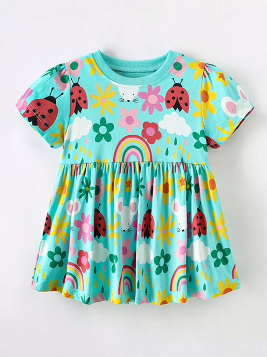 Girls’ Cartoon Ruffle-Hem Dress — Multicolor