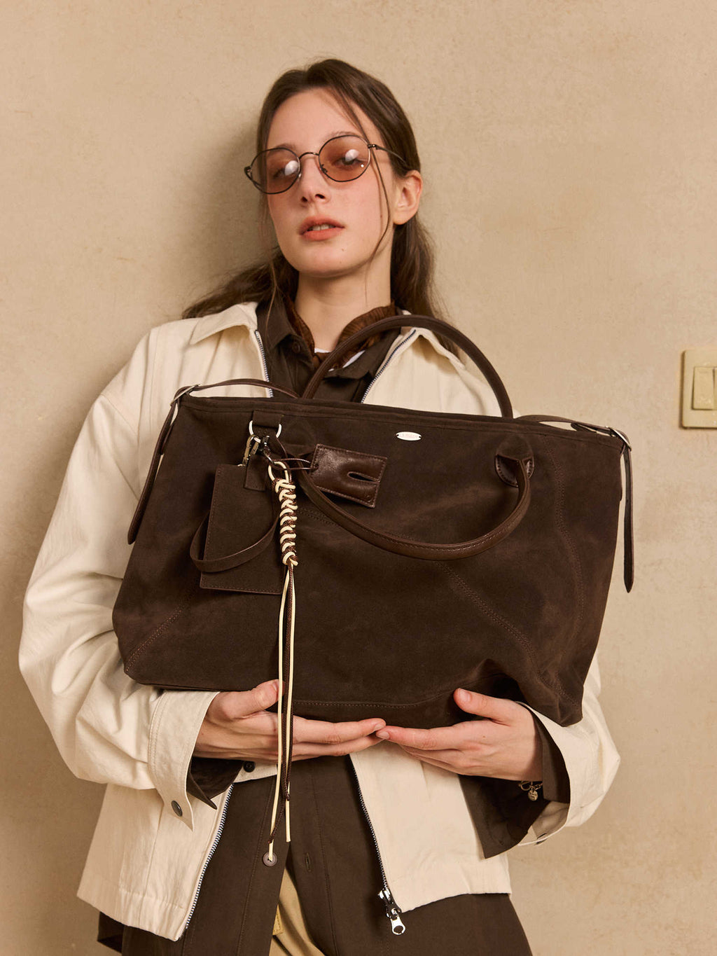 Premium Suede Travel Tote Bag - Diagonal Shoulder Handbag Brown
