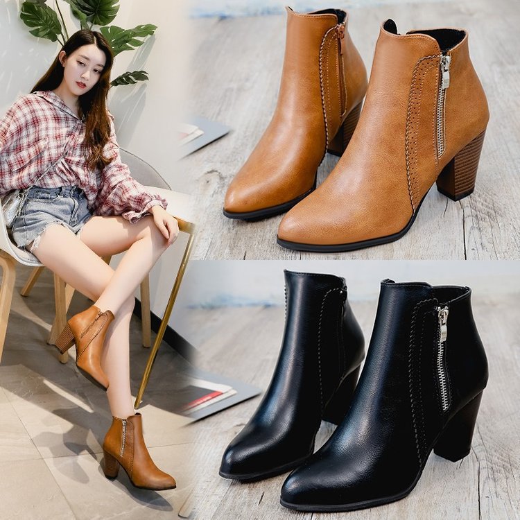 Women's Retro Chunky Heel Ankle Boots – Side Zip Pointed Toe Block Heel