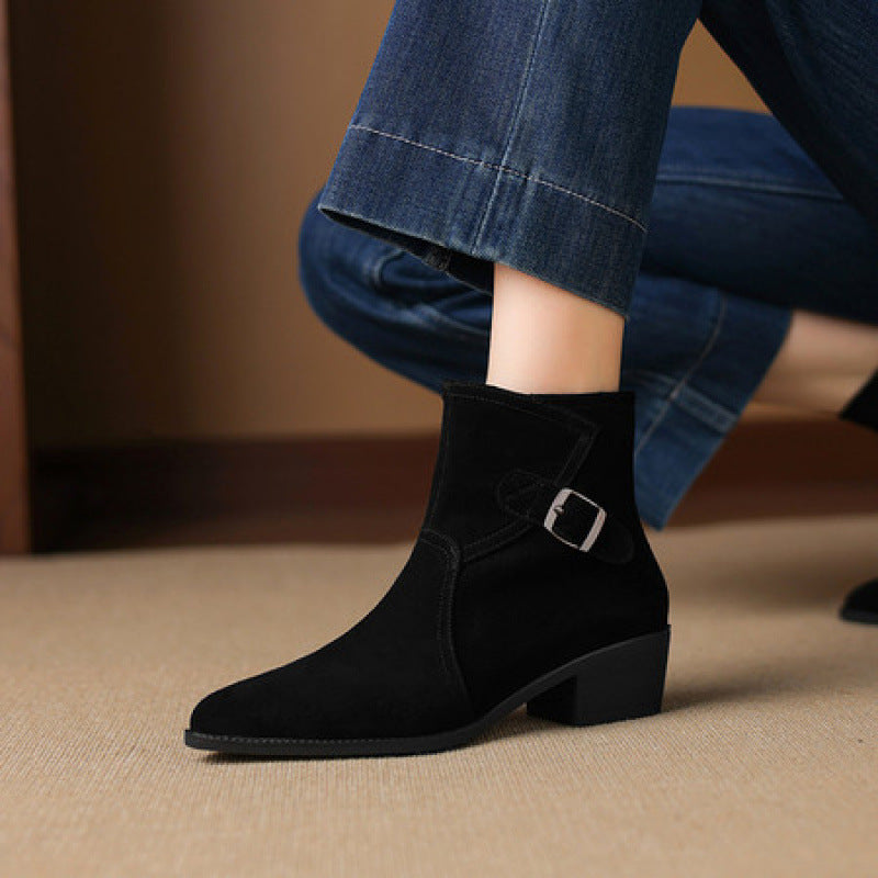 Women's Retro Chunky Heel Ankle Boots | Round Toe Satin Low-Top Fall Winter Boots
