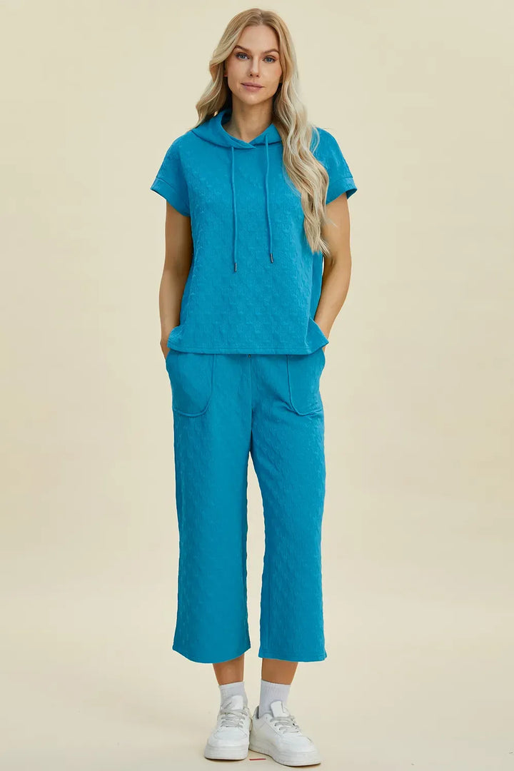 Textured Short-Sleeve Hoodie & Pants Set — Full Size