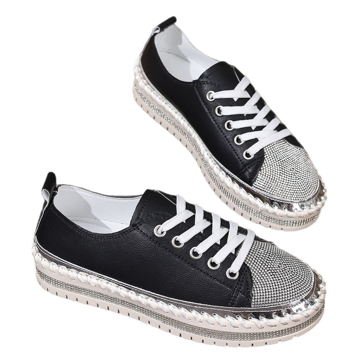 Women's Plus-Size Chunky Sole Sequin Sneakers | Lace-Up Low-Top | Gold Silver Black White