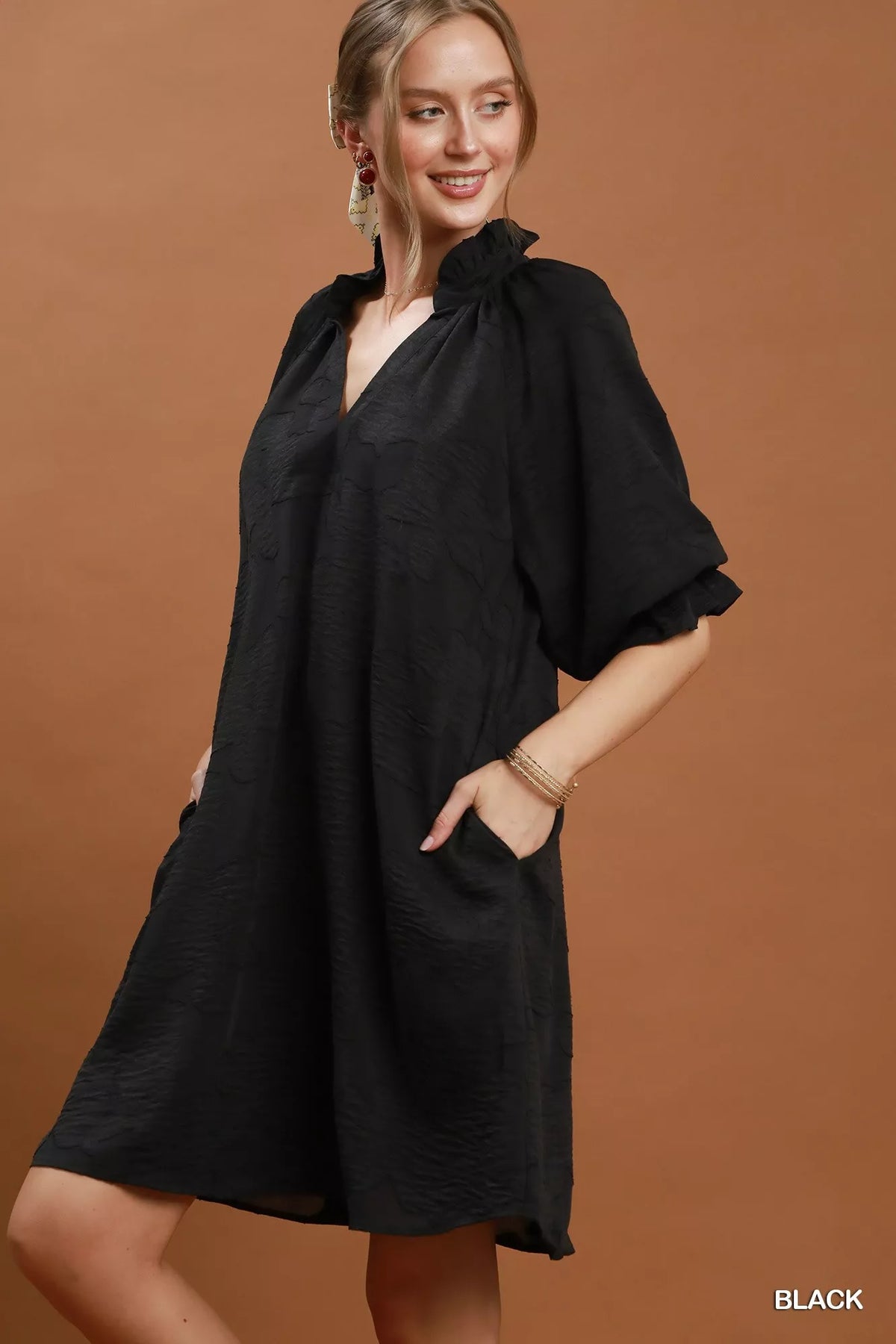 Umgee Floral Textured Jacquard V-Neck Dress — Black