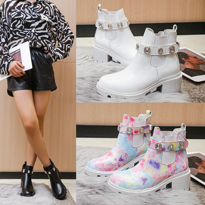 Women's Rhinestone Chunky Heel Ankle Boots - Mid Heel Fashion Boots