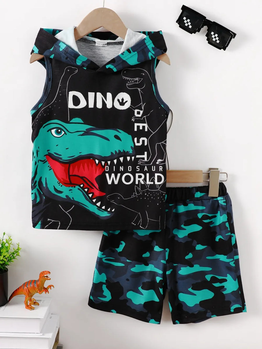 Kids' Dinosaur Sleeveless Hoodie & Shorts Set – Black