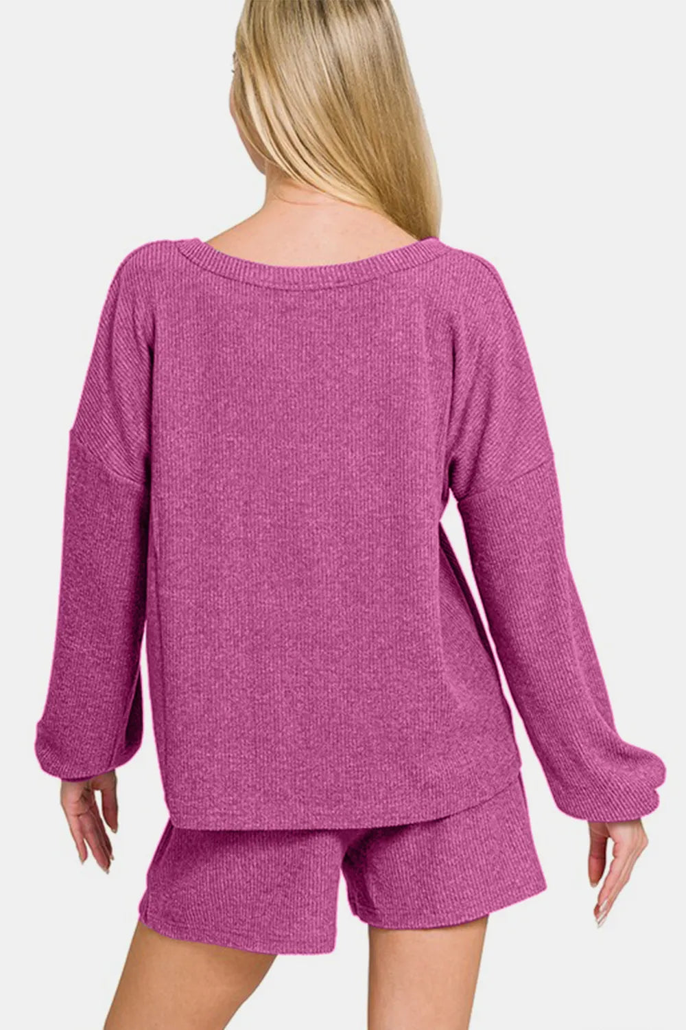 V-Neck Long Sleeve Ribbed Top and Shorts Set — Red-Violet
