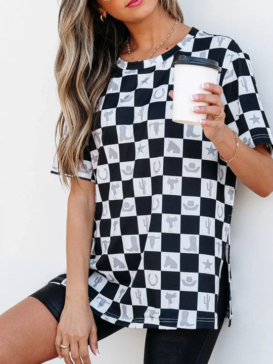 Another view: Western Checkerboard Side-Split T-Shirt — Black