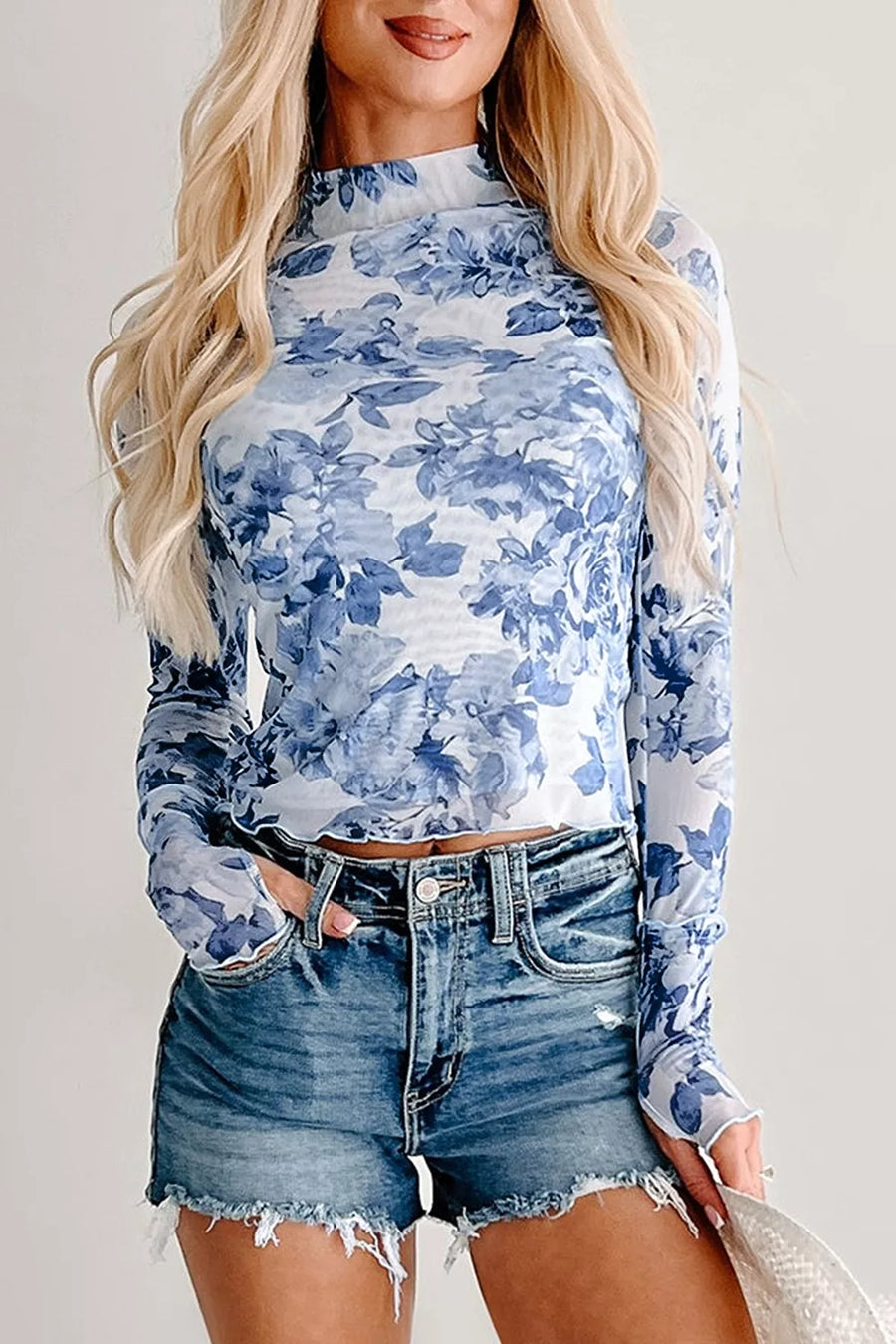 Floral Stand-Neck Mesh Top — Light Blue