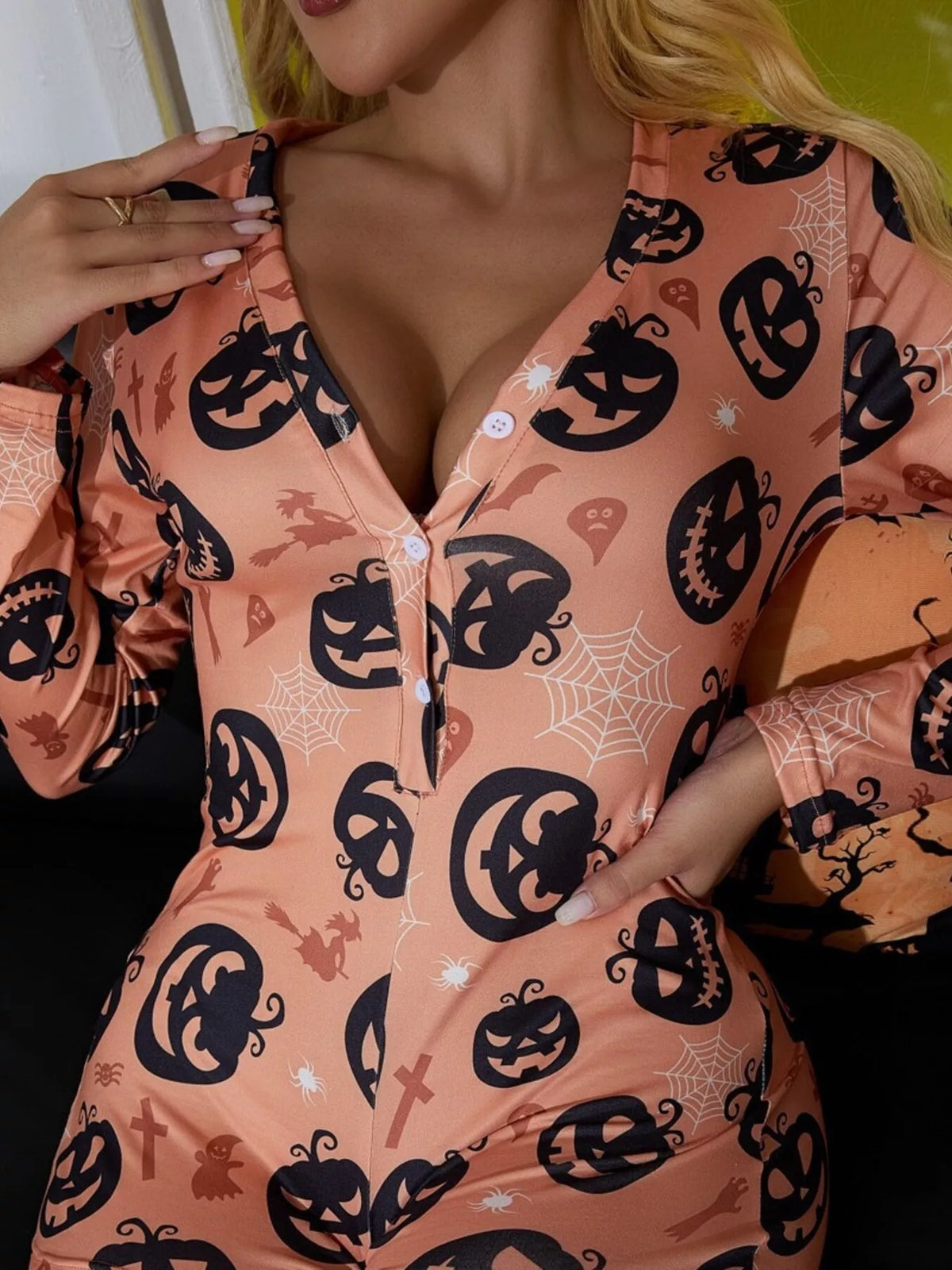 Pumpkin Print Button-Front Lounge Romper
