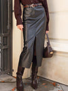 Black faux-leather front-split midi skirt