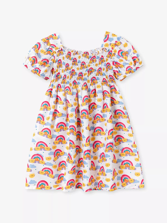 Another view: Smocked Cotton Puff-Sleeve Dress — Multicolor
