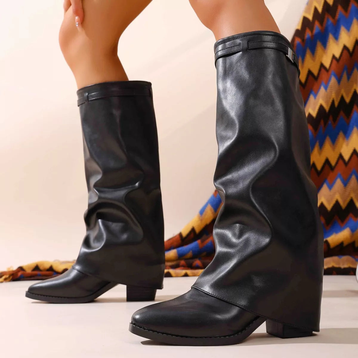 Women's Pointed Toe Block Heel Boots | Stable High Heel | PU Leather Ankle Boots