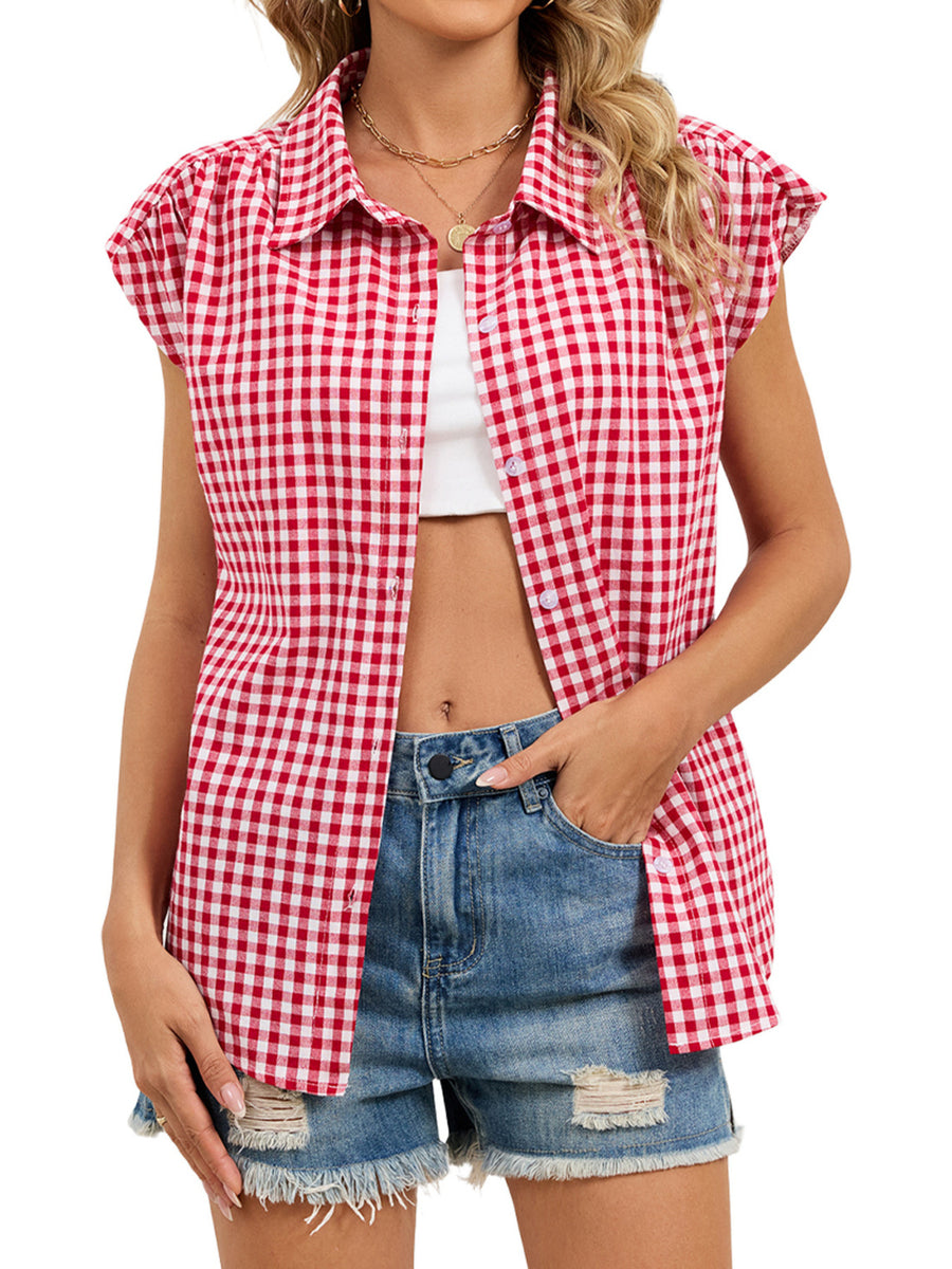 Plaid Button-Up Cotton Cap-Sleeve Shirt