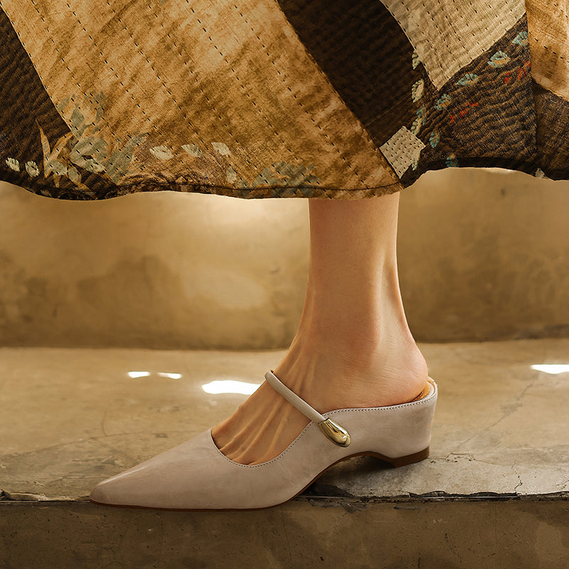 Women's Mary Jane Mule Sandals | Full Grain Cowhide Pointed Toe Block Heel Slides