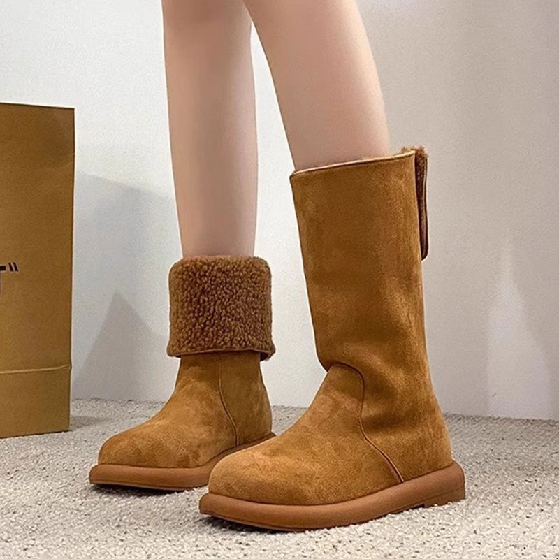 Women's Warm Mid-Calf Boots with Cotton Lining - Winter Slip-On Boots