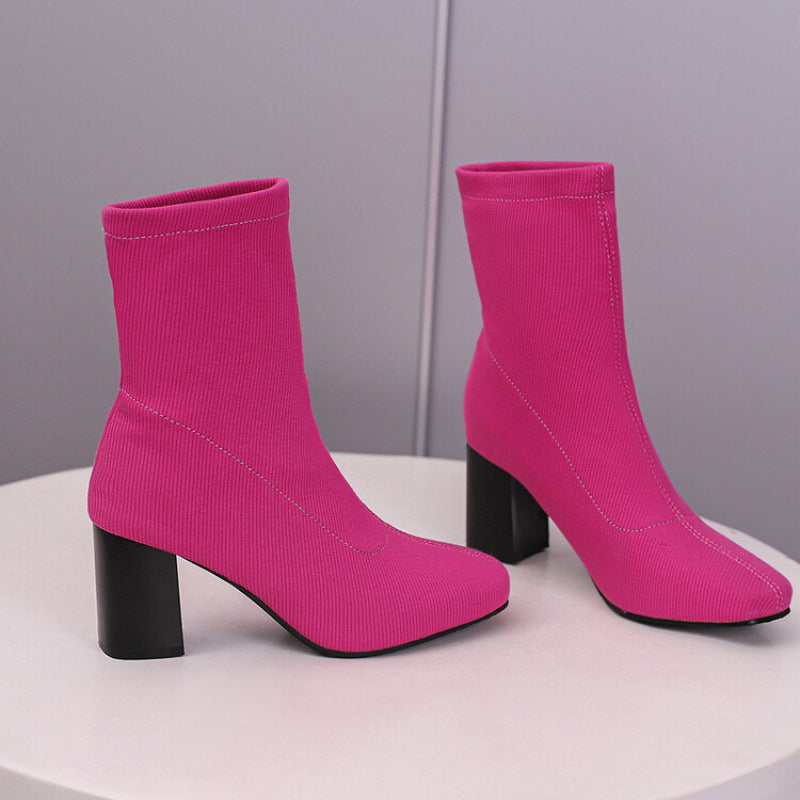 Women's Over-the-Knee Stretch Satin Boots | Chunky Heel Ankle Boots