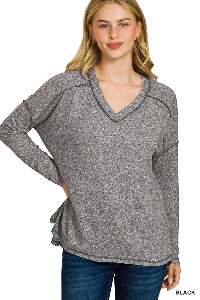 Soft Melange Hacci Exposed Seam High-Low Tee — Black