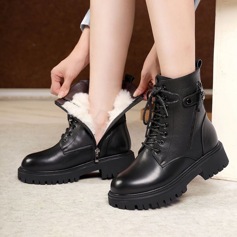 Women's British-Style Fleece-Lined Chunky Heel Boots | Warm Insulated Lace-Up Winter Boots