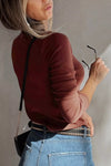 Burgundy ruched square-neck ribbed long-sleeve top, alternate view 3