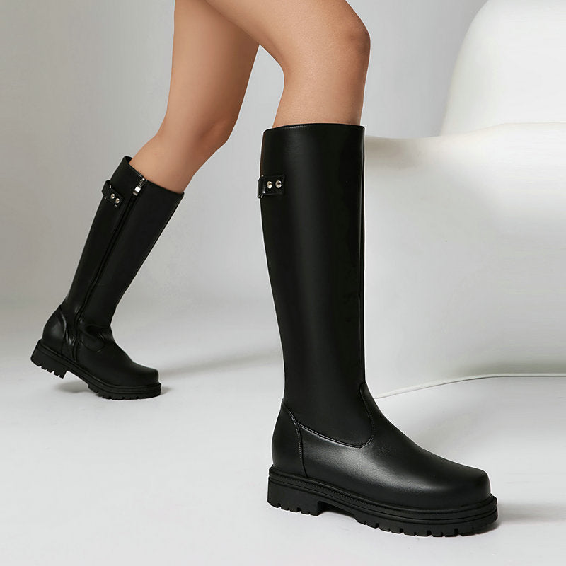 Women's Retro British-Style Chunky Heel Riding Boots | Belt Buckle Side Zipper | Black Brown