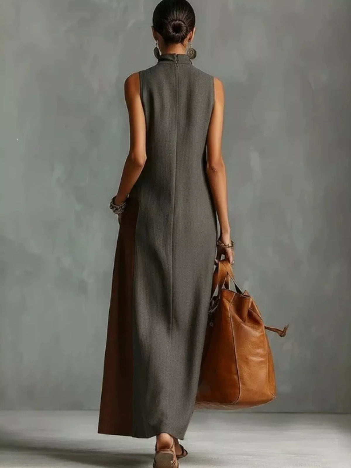 Color-Block Mock-Neck Sleeveless Maxi Dress