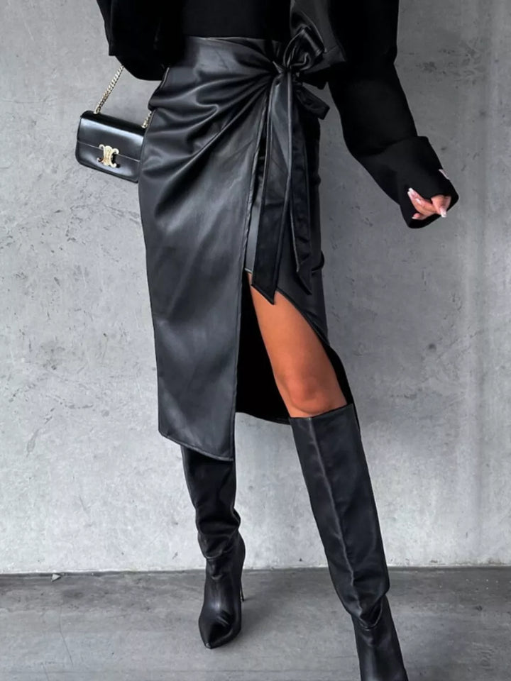 Black faux-leather tie-waist wrap midi skirt