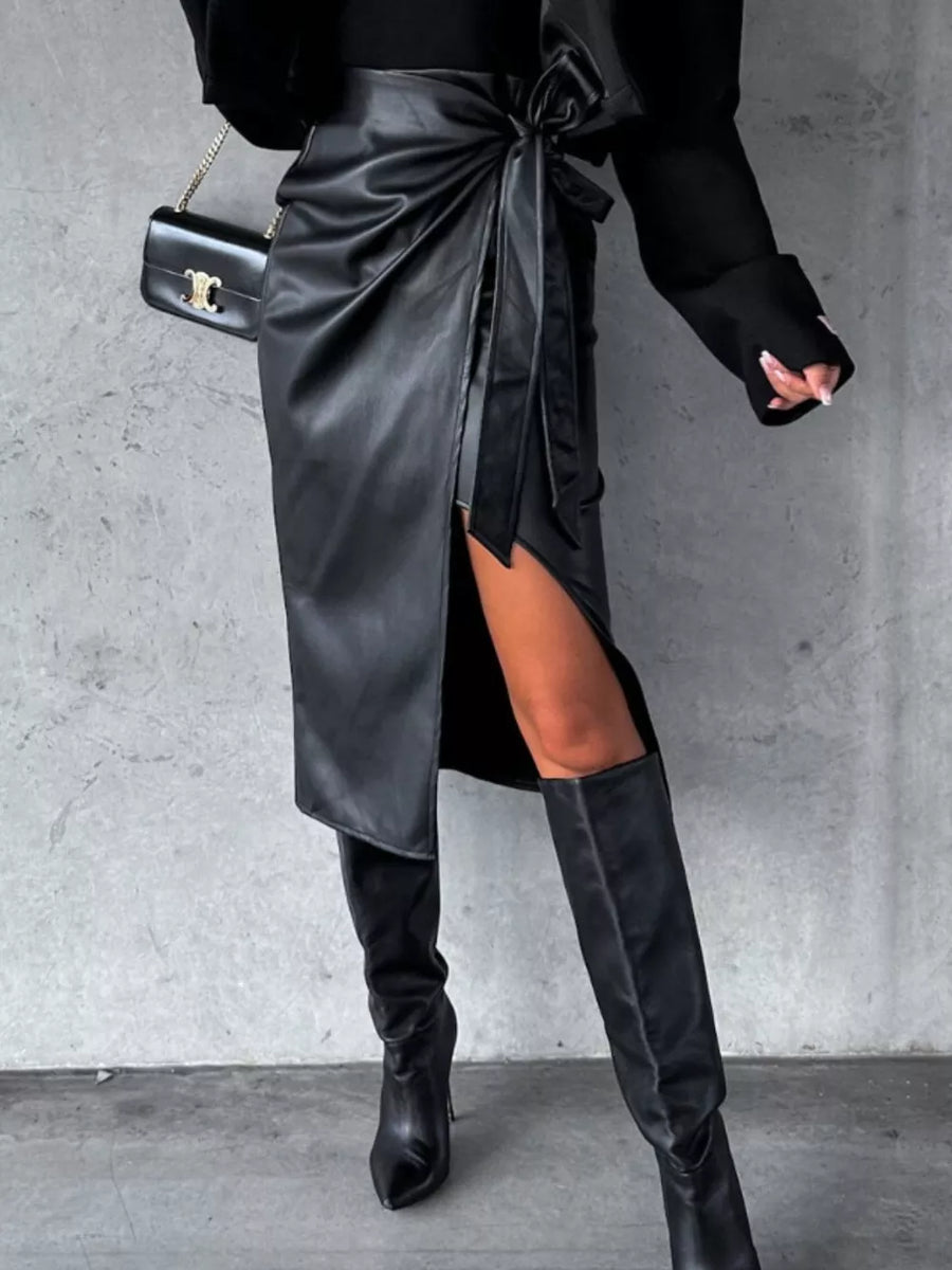 Black Faux-Leather Tie-Waist Wrap Midi Skirt
