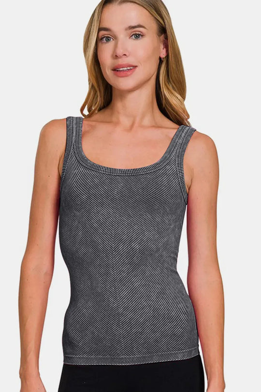 Another view: Ribbed Scoop Neck Tank — Black
