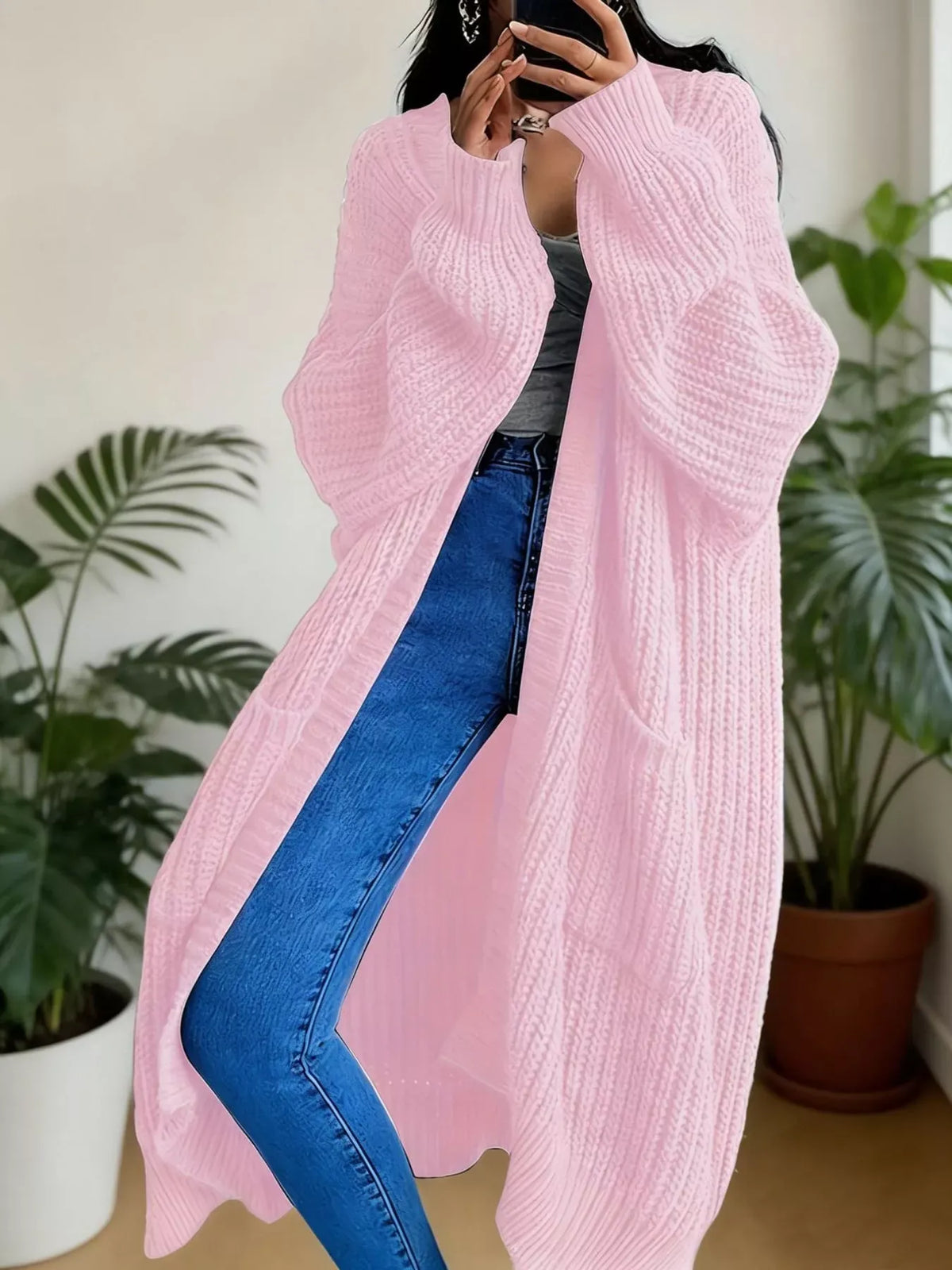 Oversized Openwork Longline Cardigan with Pockets — photo 62