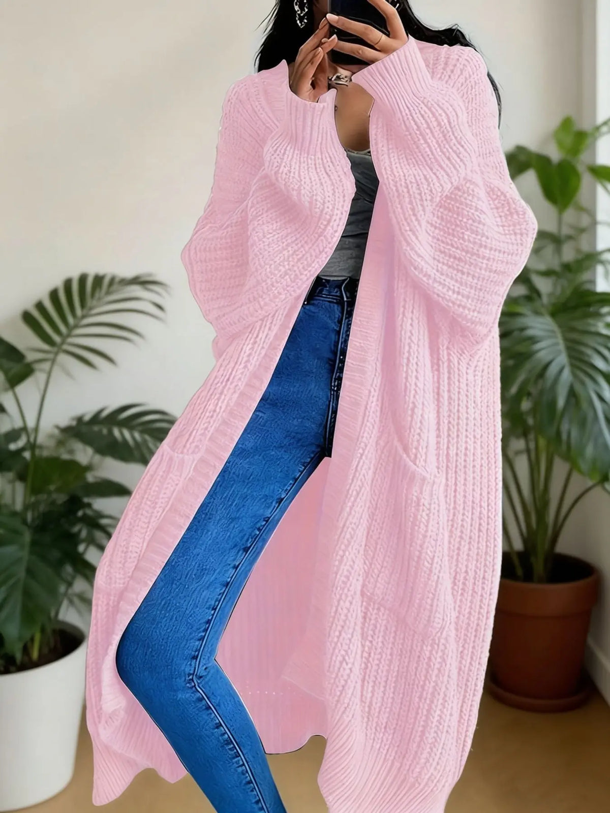 Oversized Openwork Longline Cardigan with Pockets — photo 77