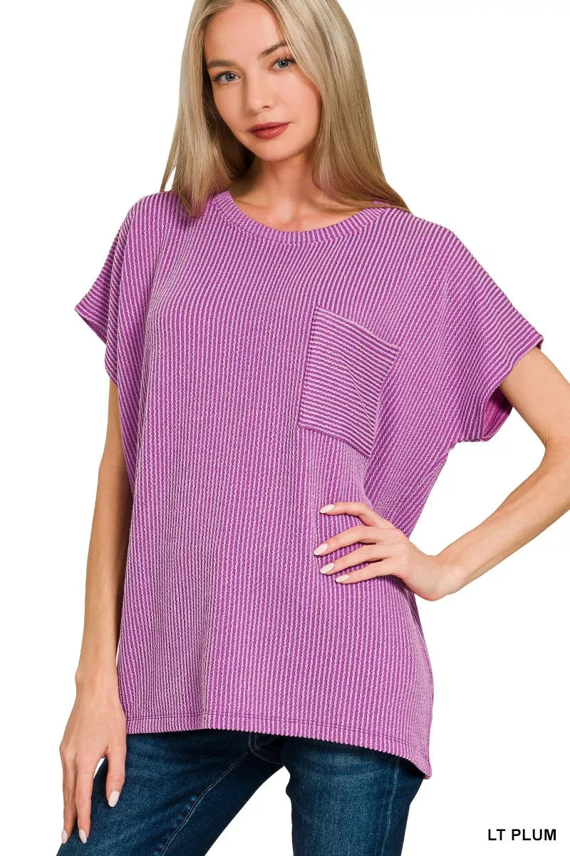 Raised Rib Front Pocket Boxy Top — LT PLUM