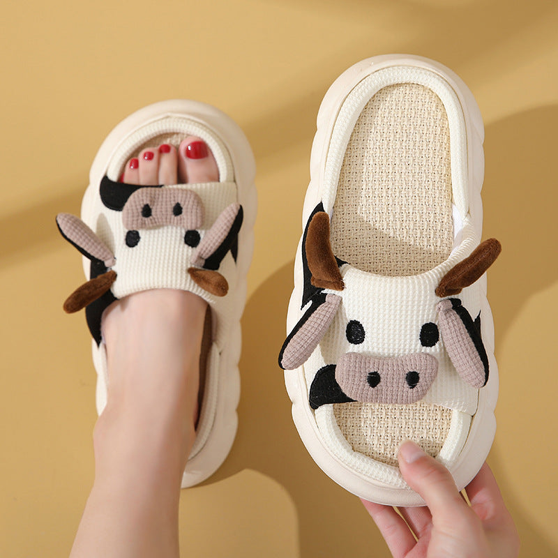 Cartoon Cow Frog Slippers | Linen Non-Slip Breathable Indoor Garden Shoes