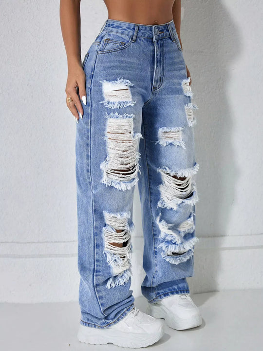 Another view: Distressed Raw-Hem Wide-Leg Jeans