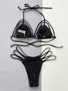 Black glitter strappy halter two-piece bikini set