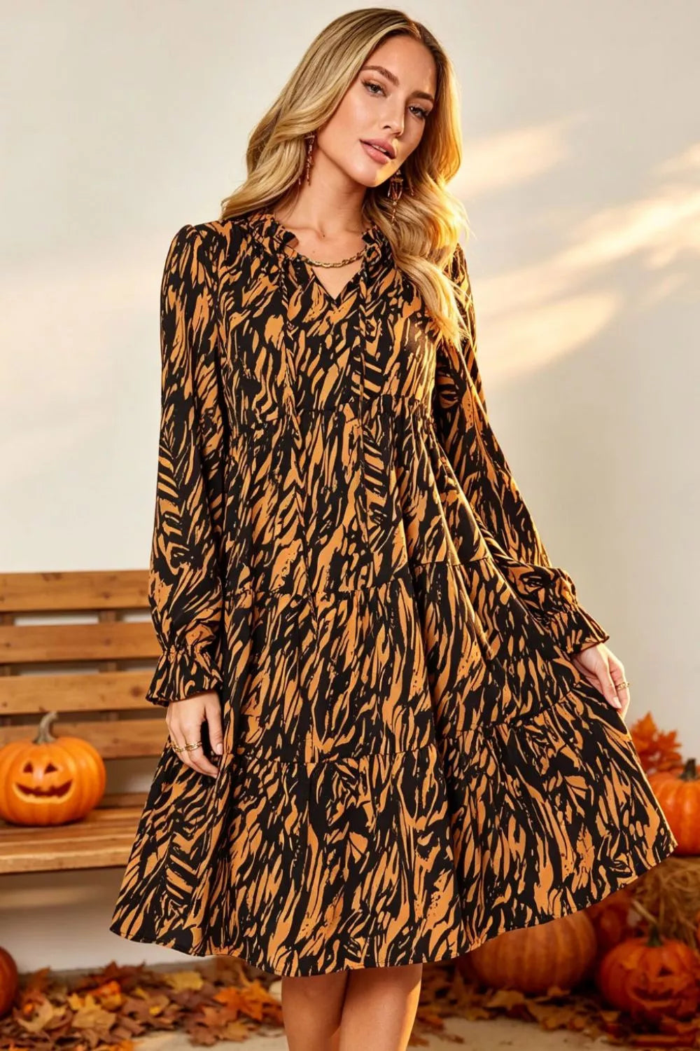 Plus Size Printed Ruffle-Hem Long-Sleeve Dress
