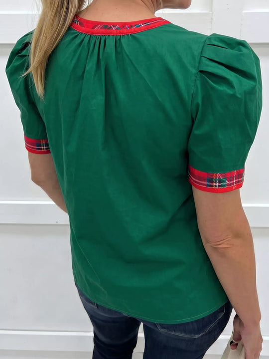 Another view: Plaid-Trim V-Neck Cotton Blouse — Dark Green