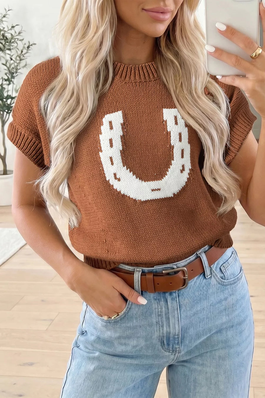 Western Horseshoe Pattern Short-Sleeve Knit Sweater