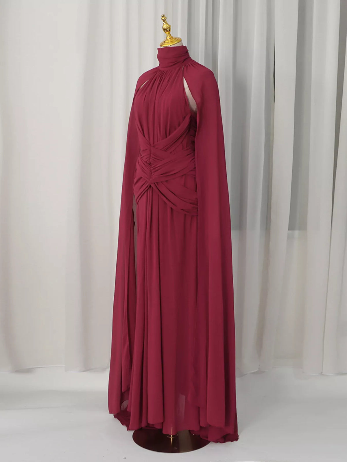 Red Ruched Halter-Neck Cape Maxi Dress