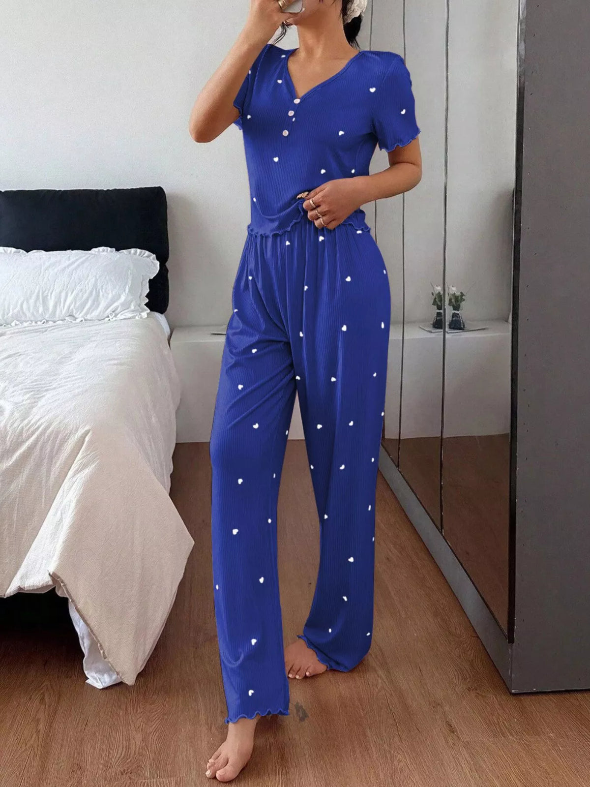 Women's Heart-Print Lettuce-Trim Loungewear Set