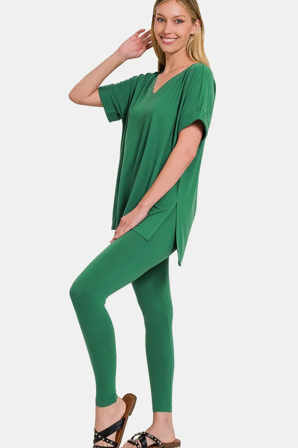 Curve V-Neck Rolled Short Sleeve T-Shirt and Leggings Lounge Set — photo 1