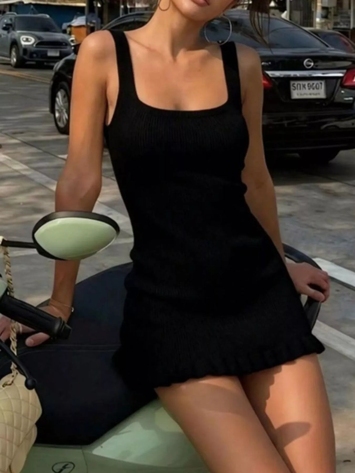 Ribbed Square-Neck Knit Mini Dress