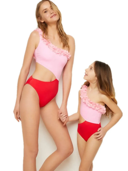 Another view: Cutout One Shoulder Contrast Parent-Child Swimwear