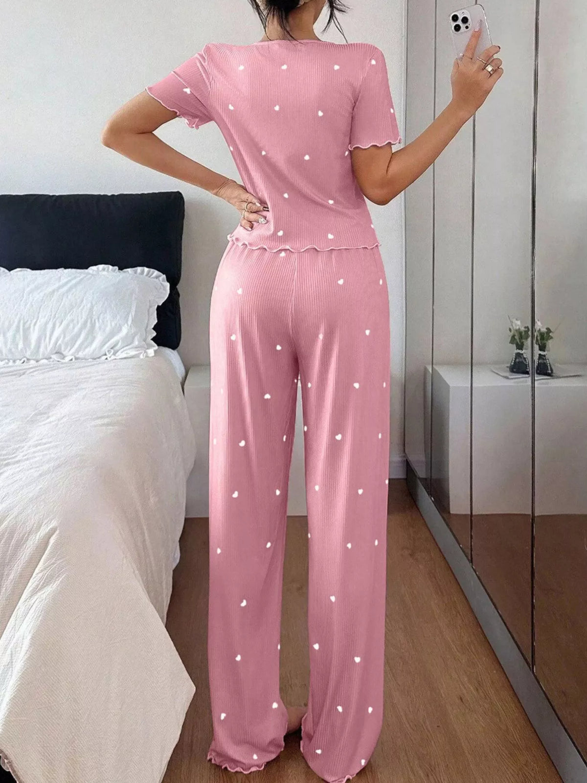 Women's Heart-Print Lettuce-Trim Loungewear Set