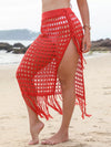 Fringe-trim openwork split swim cover-up skirt