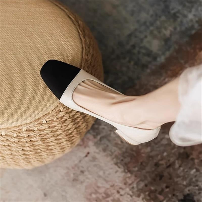 Women's French-Style Chunky Heel Square Toe Pumps - Soft PU Leather Slip-On Casual Shoes