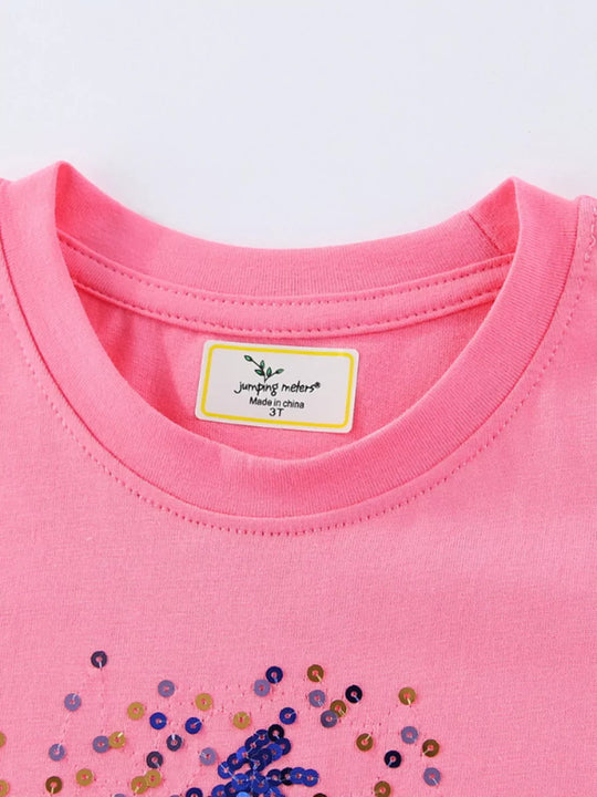 Another view: Girls' Star-Sequin Cotton T-Shirt – Fuchsia Pink