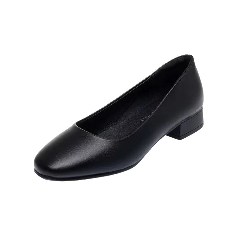 Women's Black Square Toe Chunky Low Heel Work Shoes – Microfiber Upper, Rubber Sole, Sizes 35–40
